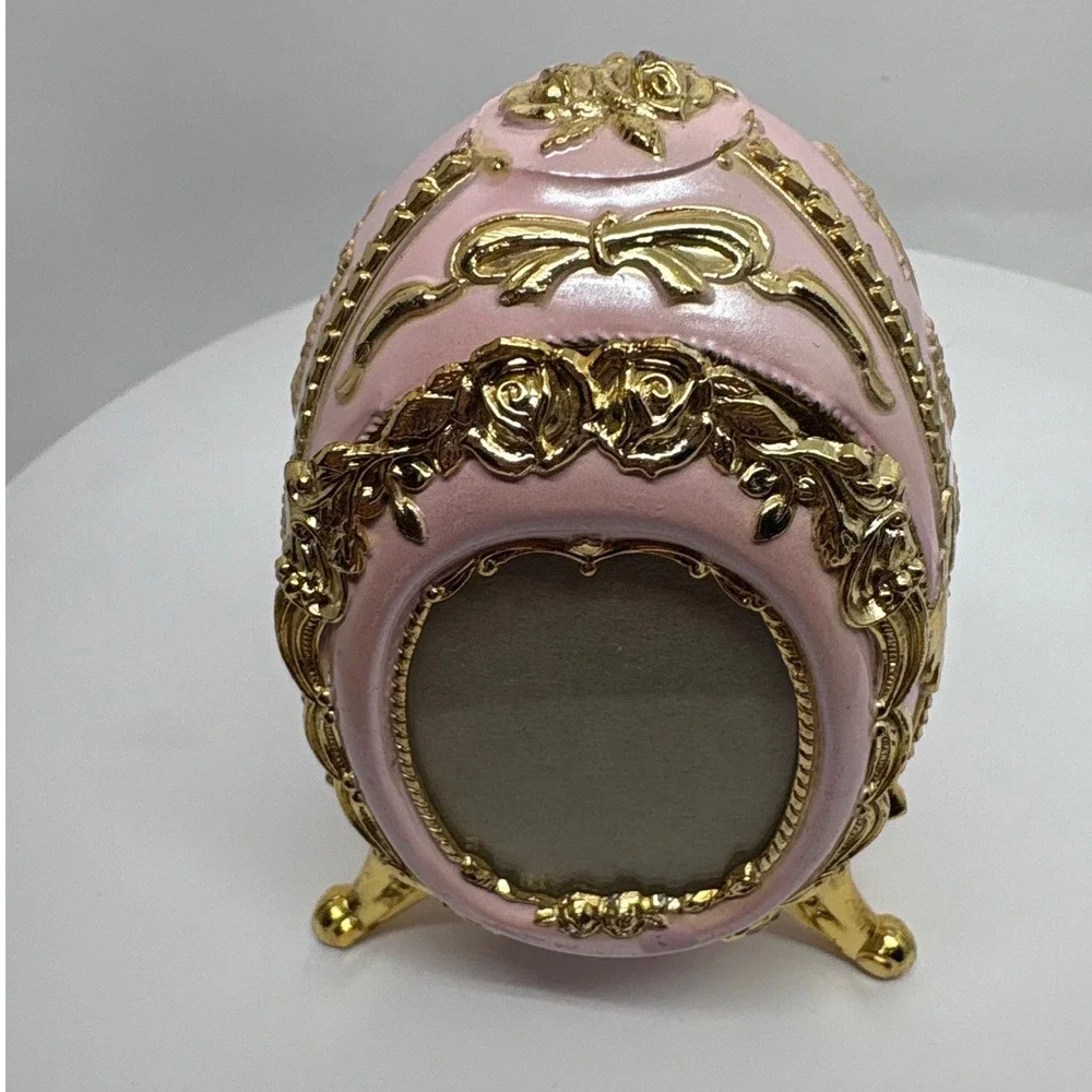 Ornate Pink Egg Picture Frame Trinket Box Goldtone Ornate Rococo Music Box Japan